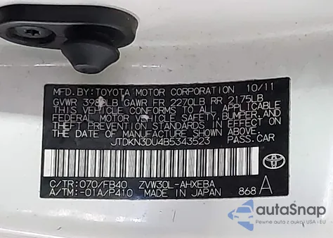 2011 Toyota Prius Three из США, поврежденный, VIN JTDKN3DU4B5343523